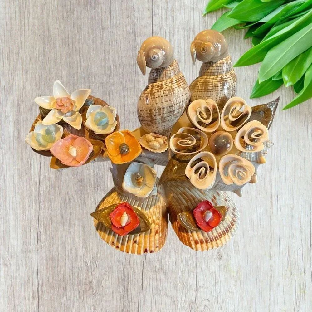 Vintage Seashell Art Lovebirds MCM Kitsch